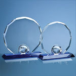 17.5cm Optical Crystal Decagon with Globe on a Blue Base