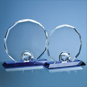 17.5cm Optical Crystal Decagon with Globe on a Blue Base