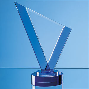 20cm Clear & Cobalt Blue Optical Crystal Peak Award on a Round Blue Base