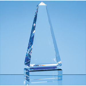 23cm Clear Optical Crystal Cenotaph Award with a Single Cobalt Blue Line