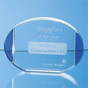 17cm Clear & Cobalt Blue Optical Crystal Column Oval Award