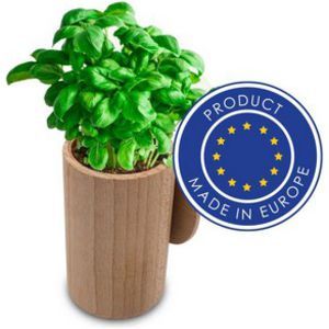 Wooden flower pot basil seeds and soil