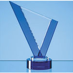 23cm Clear & Cobalt Blue Optical Crystal Peak Award on a Round Blue Base