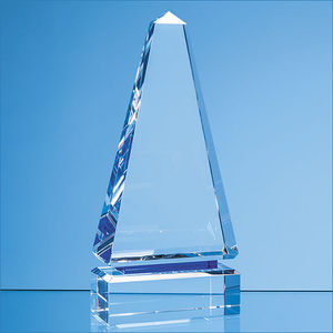 20cm Clear Optical Crystal Cenotaph Award with a Single Cobalt Blue Line