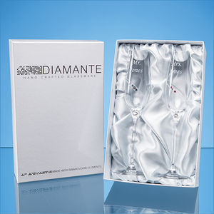 2 'His & Hers' Diamante Champagne Flutes with Orbital Design in a Satin Lined Gift Box