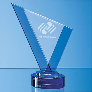 25cm Clear & Cobalt Blue Optical Crystal Peak Award on a Round Blue Base