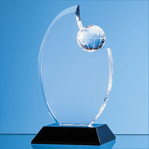 17.5cm Optical Crystal Globe Award Mounted on an Onyx Black Base