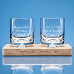 2 off 260ml Dimple Base Whisky Tumblers on a Beech Wood Base