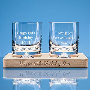 2 off 260ml Dimple Base Whisky Tumblers on a Beech Wood Base