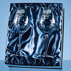 2 Diamante Wine Glasses with a Kiss Cut Design in a Satin Lined Gift Box.