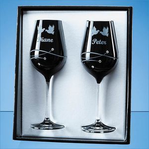 2 Onyx Black Diamante Wine Glasses with Spiral Design Cutting in an attractive Gift Box