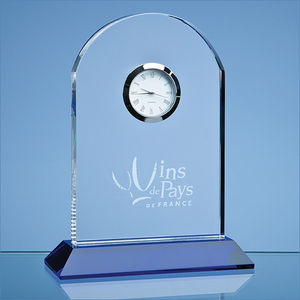 16cm Optical Crystal Arch Clock Mounted on a Cobalt Blue Base