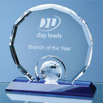 15cm Optical Crystal Decagon with Globe on a Blue Base