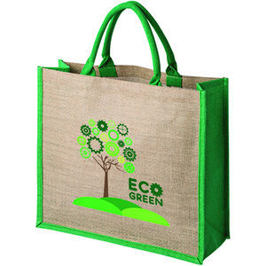 Large Natural Jute Bag with Dyed Green Handles and Gusset