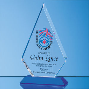 22.5cm Optical Crystal Facet Diamond Award on a Sapphire Blue Base