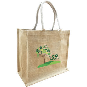 Medium Natural Jute Bag with Extra Large Gusset White Handles