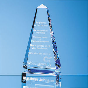 26cm Clear Optical Crystal Cenotaph Award with a Single Cobalt Blue Line