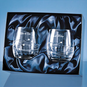 2 Diamante Whisky Tumblers with Spiral Design Cutting in a Satin Lined Gift Box
