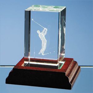 3D Driving Golfer in Small Optical Crystal Block