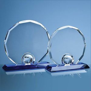 20cm Optical Crystal Decagon with Globe on a Blue Base