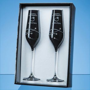 2 Onyx Black Diamante Champagne Flutes with Spiral Design Cutting in an attractive Gift Box